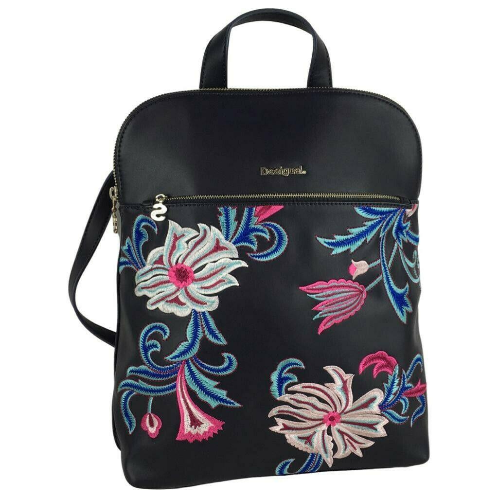 Desigual Woman Backpack Bag Embroidered Floral Details Black Multicolor Szm gi10