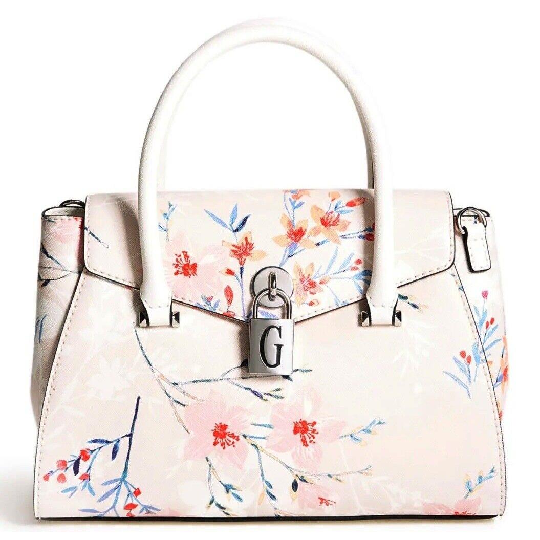 Guess Women`s Floral Print Lock Charm Satchel Handbag Purse Crossbody