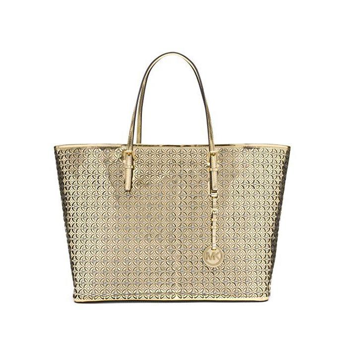 Michael Kors Flower Perforated Gold Leather Travel Tote Shoulder Handbag