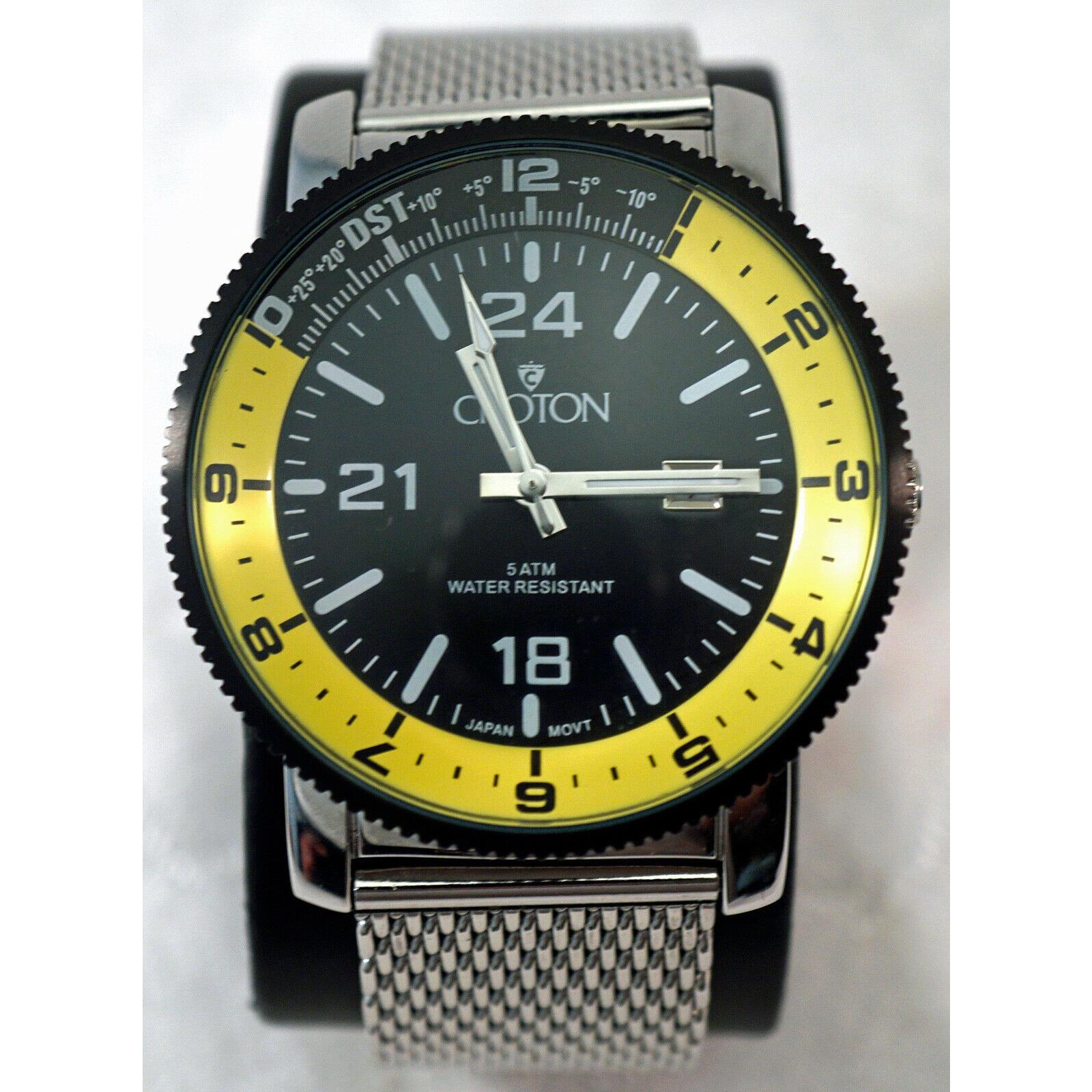 Croton Black/yellow Dial All Stainless Steel Mesh Bracelet Date Model: CN307148