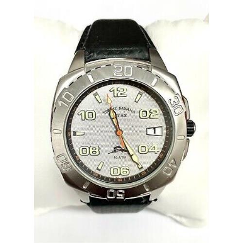 Men`s Tommy Bahama Relax SS Watch Black Leather Band Silver Dial RLX1058
