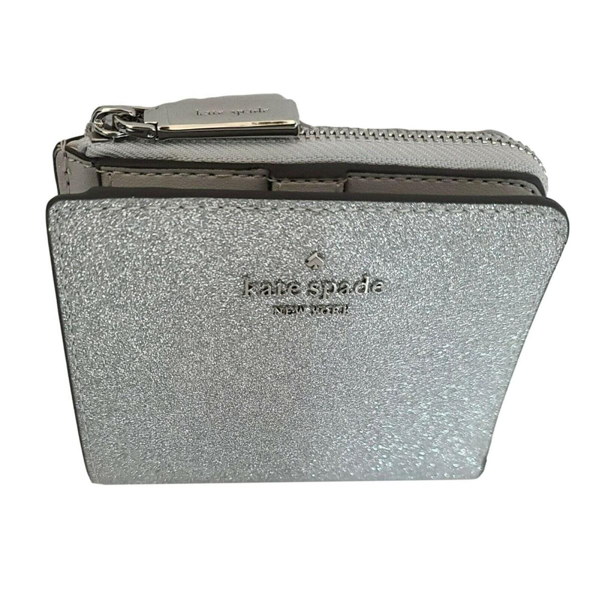 Kate Spade Small Bifold Wallet Zip Silver Glitter Wallet Mother`s Day Gift