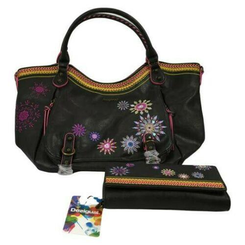 Desigual Women Hobo Bag Set Of Two Black with Embroidery Flowers Sz L gi18