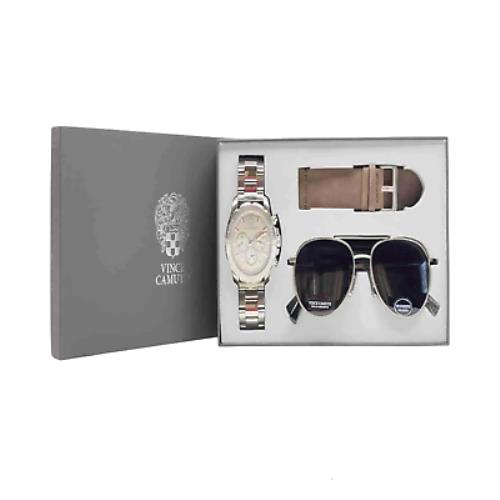 Vince Camuto Chronograph Stainless Steel Men`s Watch and Sunglass Gift Set