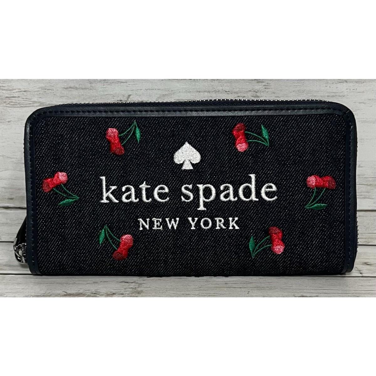 Kate Spade Ella Cherry Embroidered Denim Large Continental Zip Around Wallet