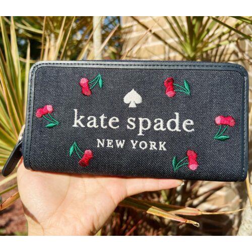 Kate Spade Ella Cherry Embroidered Denim Large Continental Zip Around Wallet
