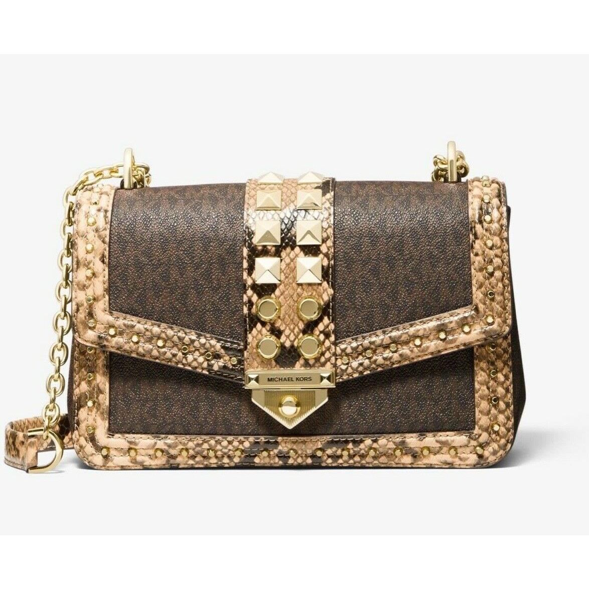 soho large studded snake embossed leather and logo shoulder bag