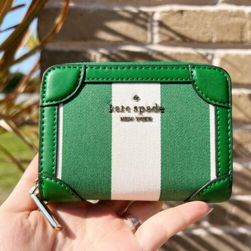 Kate Spade Traveler Small Zip Card Case Wallet Green White Stripe Jacquard