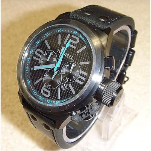 TW Steel Canteen Chronograph Black Dial Black Leather Strap Men`s Watch TW904R