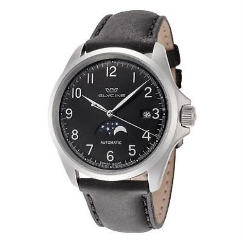 Glycine Men`s GL0386 Combat Classic Moonphase 40mm Black Dial Leather Watch