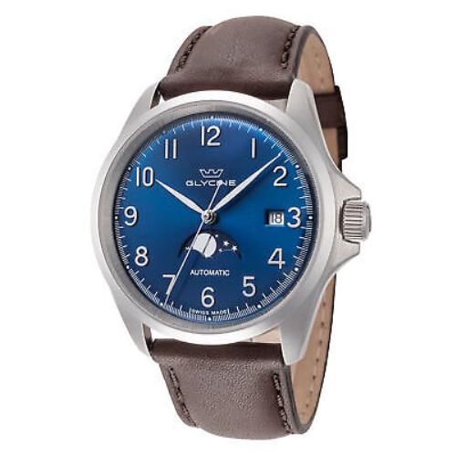 Glycine Men`s GL0385 Combat Classic Moonphase 40mm Blue Dial Leather Watch