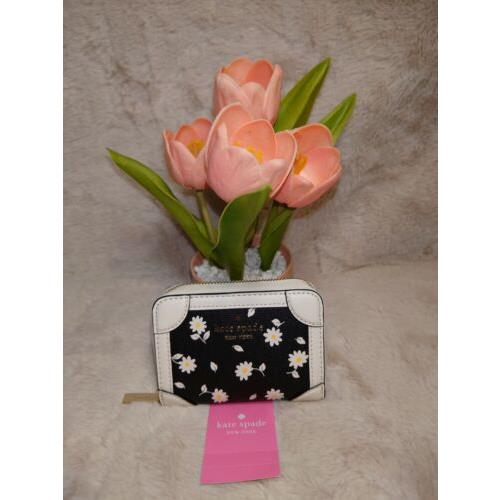 Kate Spade Small Zip Card Case Wallet Black White Floral Daisy Multi/nwt