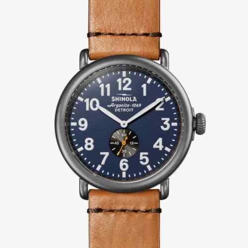 Shinola Runwell 47MM Blue Dial Brown Bourbon Leather Strap Watch S0120223880