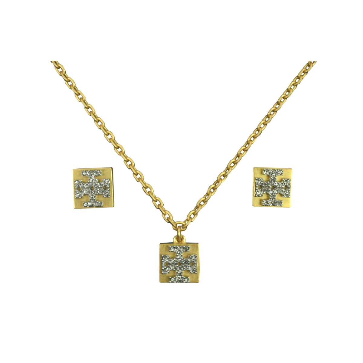 Tory Burch Womens 63899 Vintage Gold Tone T-logo Earrings Necklace Set 8179-5