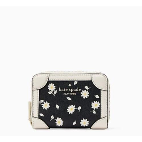 Kate Spade Traveler Small Zip Card Case Wallet Black White Floral Daisy Multi
