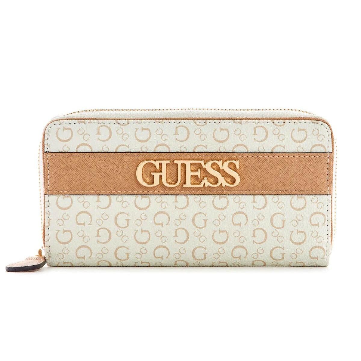 Guess Women`s Logo Print Zip-around Wallet Clutch Bag - White / Tan