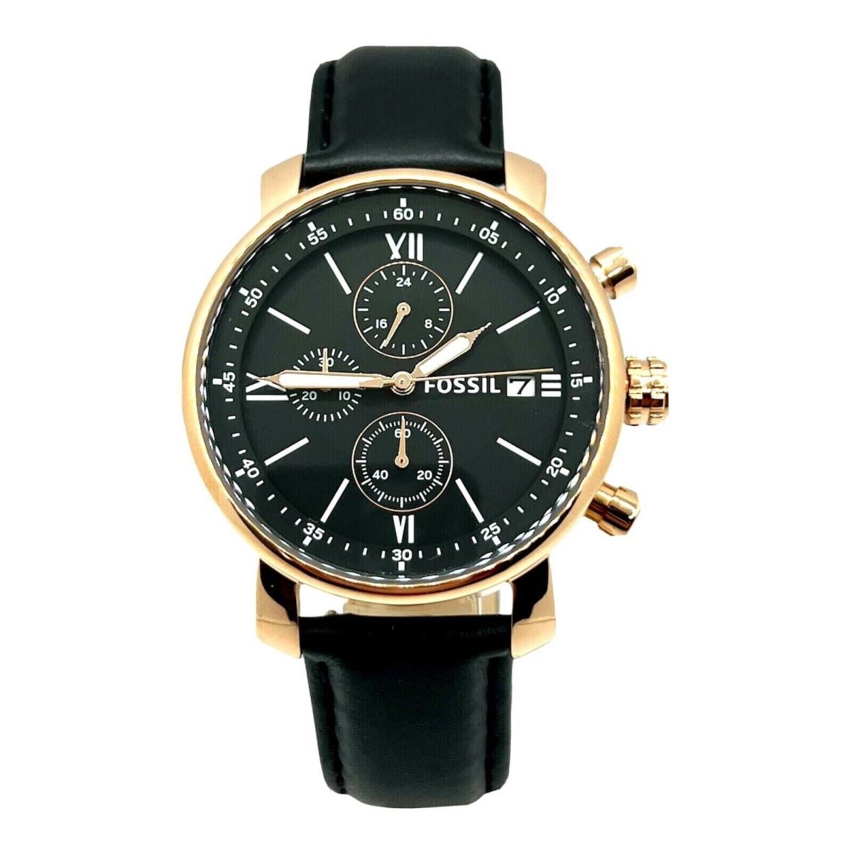 Fossil Rhett Chronograph Rose Gold Black Leather Strap Men`s Watch