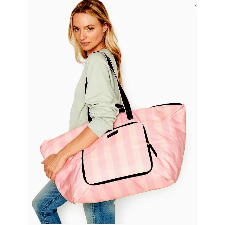 Victoria Secret VS Folding Packable Travel Bag Clutch Tote Pink Logo Stripe