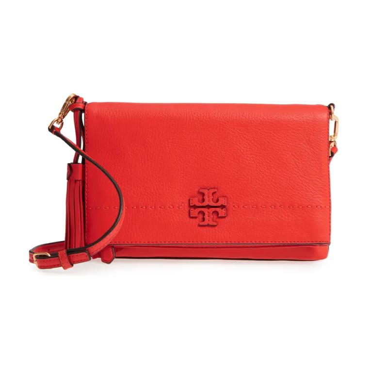 Tory Burch Mcgraw Red Fold Over Leather Crossbody Bag Women`s Handbag L22307