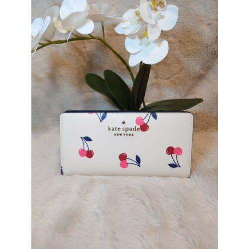 Kate Spade Staci Dancing Cherry Printed Large Slim Bifold Wallet in Cream