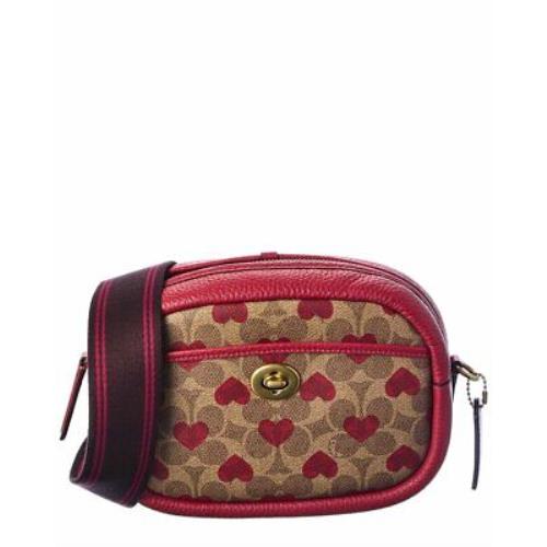 Coach Heart Print Signature Coated Canvas Leather Camera Bag Women`s Red