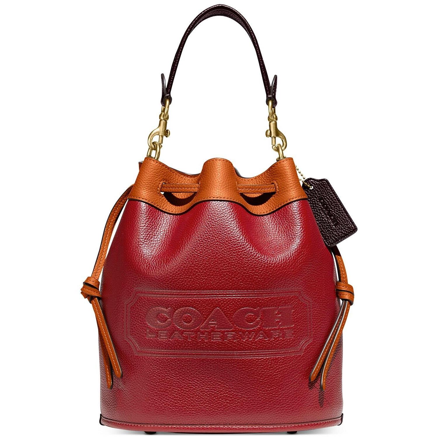 Coach Field Bucket Bag In Colorblock Leather with Coach Badge Brick Red Mult