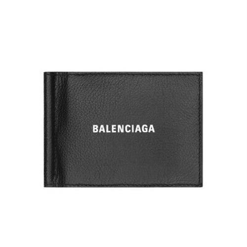 Balenciaga Men`s Pebbled Leather Folded Bill Clip Card Holder Wallet Black