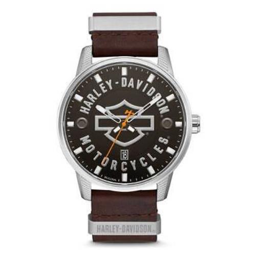 Bulova Harley-davidson Men`s Bar Shield Brown Leather Stainless Steel Watch 76B178