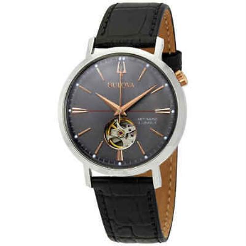 Bulova Classic Automatic Grey Dial Black Leather Men`s Watch 98A187
