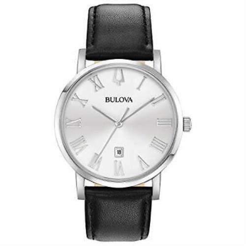 Bulova Classic Quartz Mens Watch with Black Leather Strap Silver-tone Model