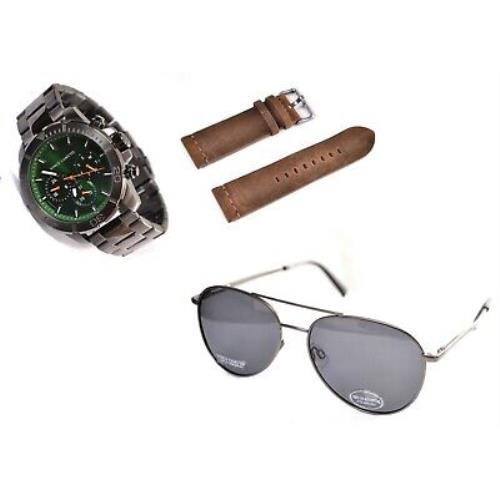Vince Camuto Mens Watch Sunglasses Set Gunmetal Green Stainless/leather Combo