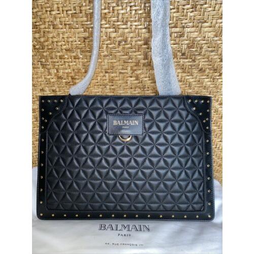 Balmain Paris Quilted Black Leather Studded Crossbody Clutch Bag