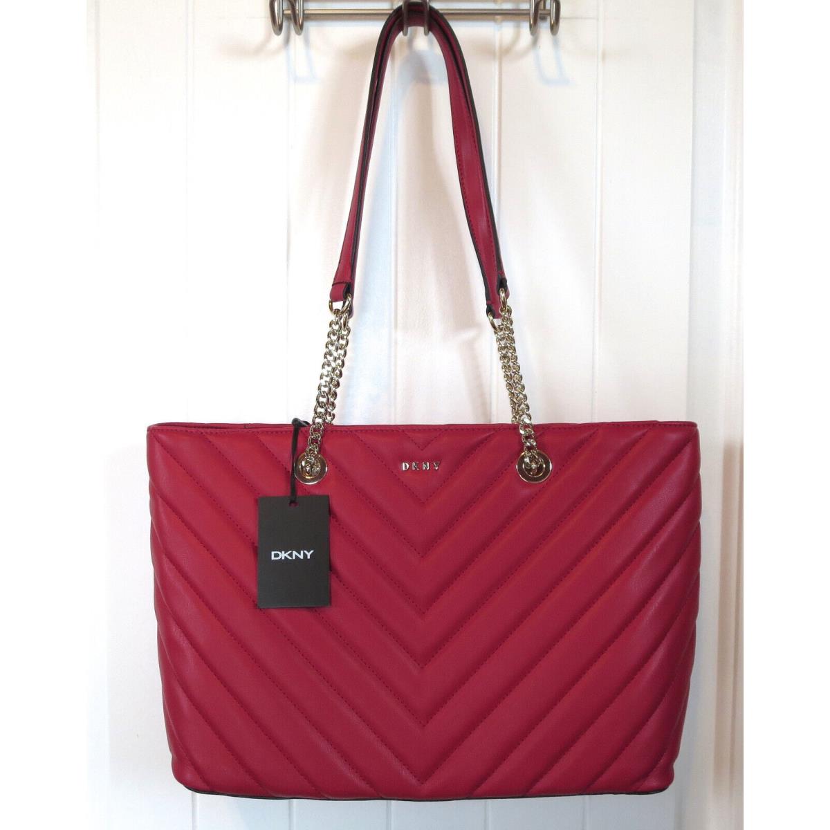 Dkny Veronica Tote Bag Red Quilted Chevron Chain Shoulder Purse Top Zip