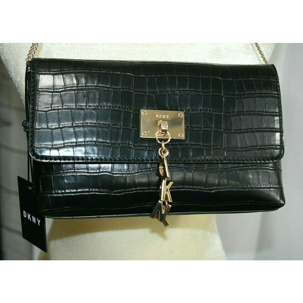 Dkny Cleo Clutch Bag Black Croc Chain Shoulder Handbag Purse