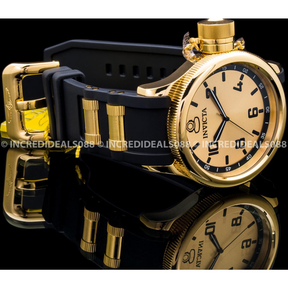Invicta Men Russian Diver Swiss Quartz 18K Gold Plated Dial Black Strap Watch