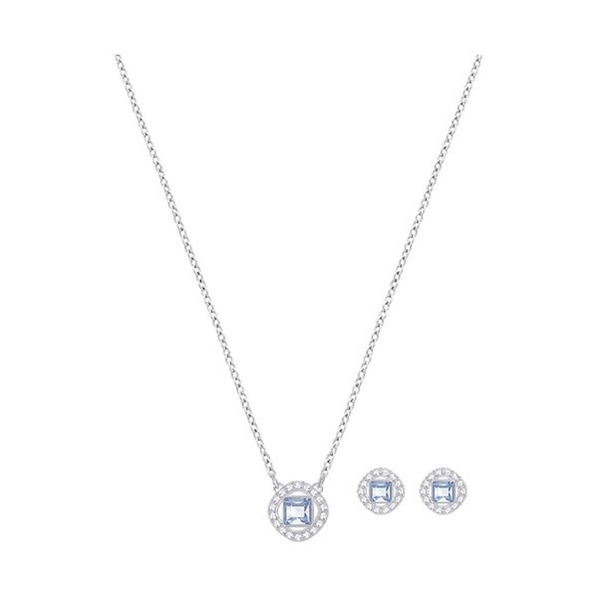 Swarovski Angelic Square Pendant Necklace Earring Jewelry Set Rhodium Plated 5289513 White / Blue