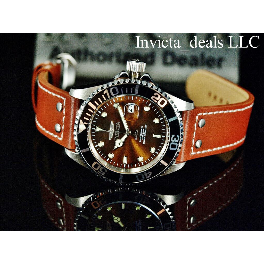 Invicta Men`s 43mm Pro Diver Quartz Brown Dial Brown Tone Leather SS 200M Watch