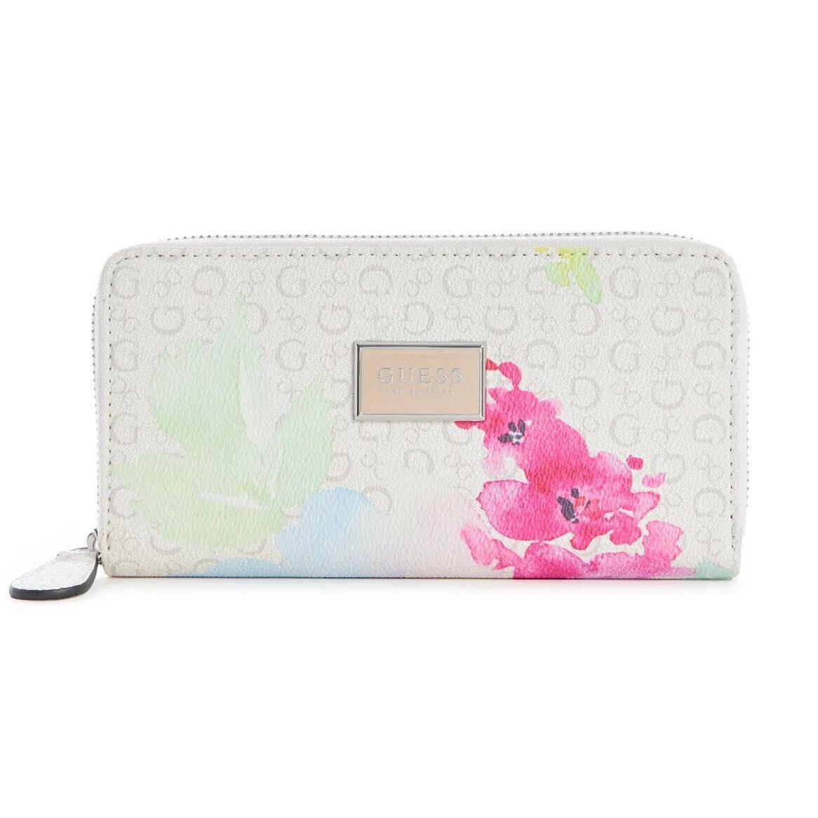 Guess Women`s White Pink Floral Logo Print Zip-around Wallet Clutch Bag