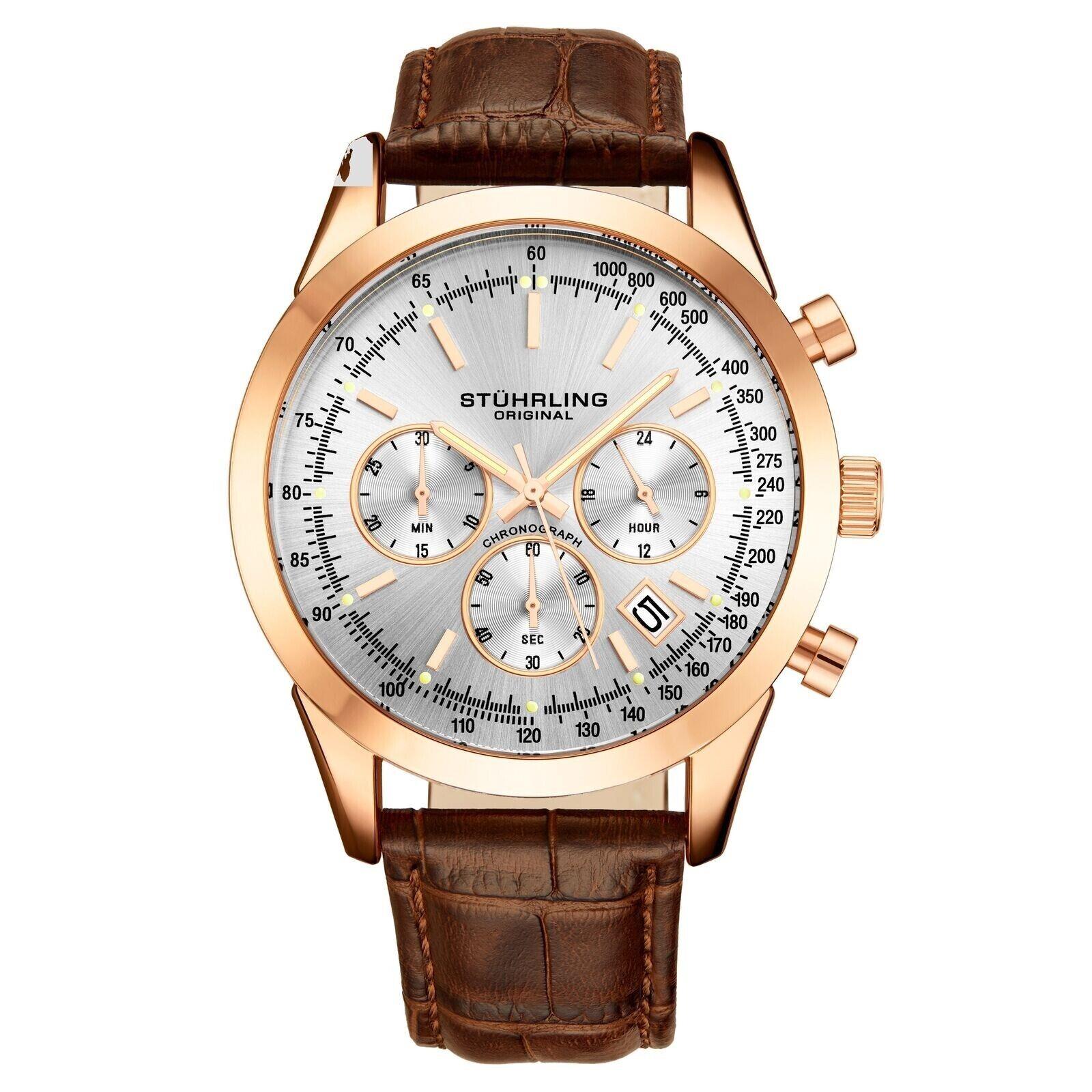 Stuhrling 3975L 6 Preston Monaco Quartz Chronograph Date Leather Mens Watch
