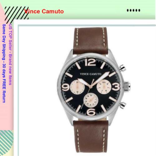 Vince Camuto Mens Watch VC/1102BKBN Black Dial Brown Leather Strap