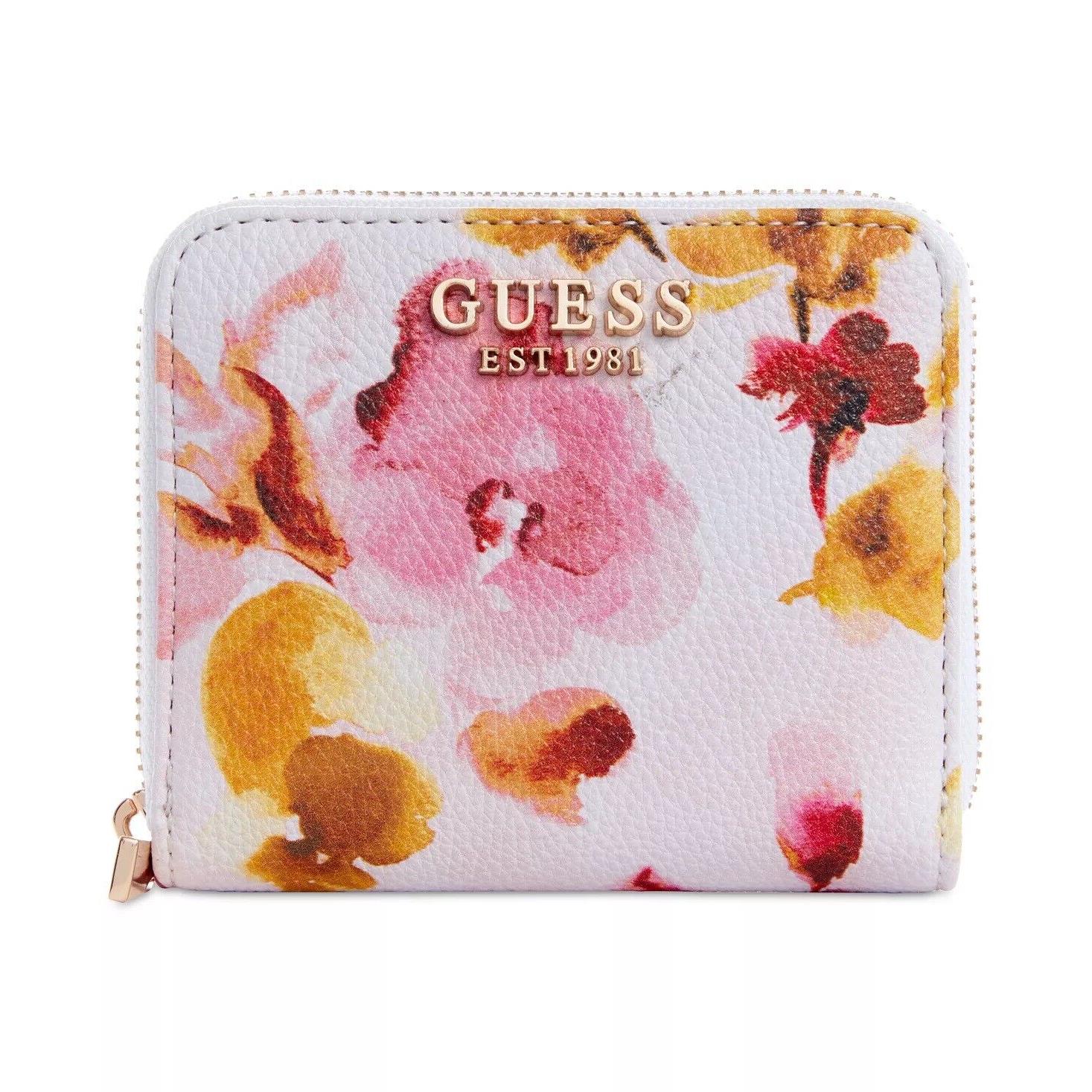 Guess Women`s White Pink Floral Small Mini Zip Around Wallet Bag + Gift Box
