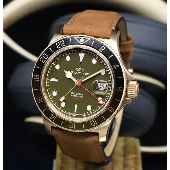 Glycine Combat Sub Bronze Gmt Swiss Automatic Leather Strap Watch GL0318