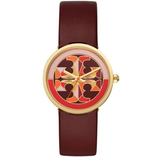 Tory Burch Reva Women Burgundy Red Leather Gold Tone Stainless Watch TBW4041