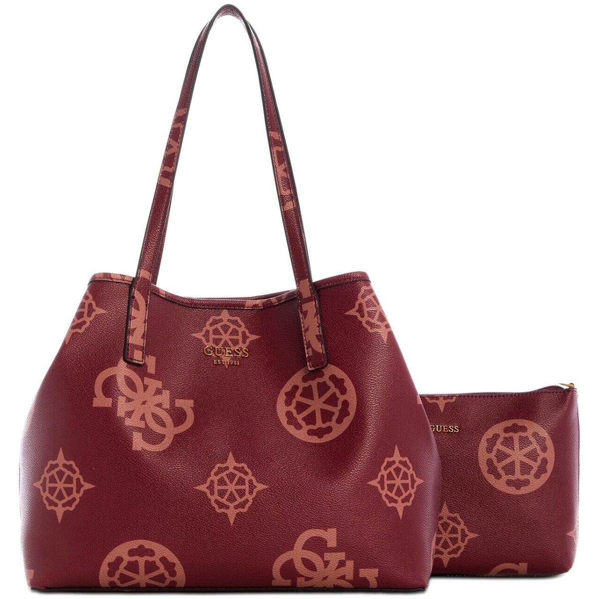 Guess Women`s Burgundy Red Logo 2-in-1 Tote Bag Handbag Pouch 2PC Set