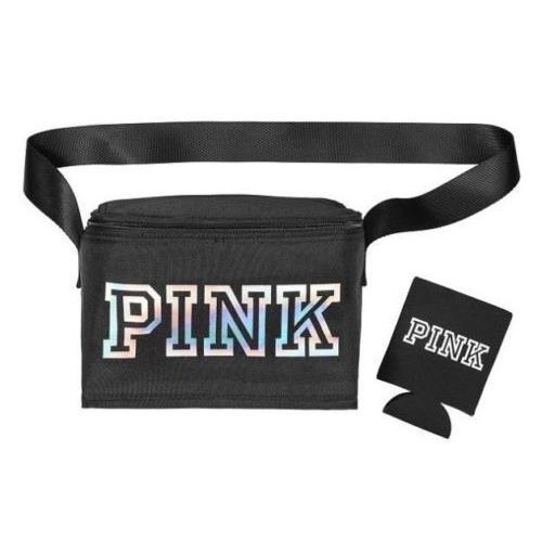 Victoria`s Secret Pink Zip-up Black Cooler Lunch Box Bag with Black Koozie
