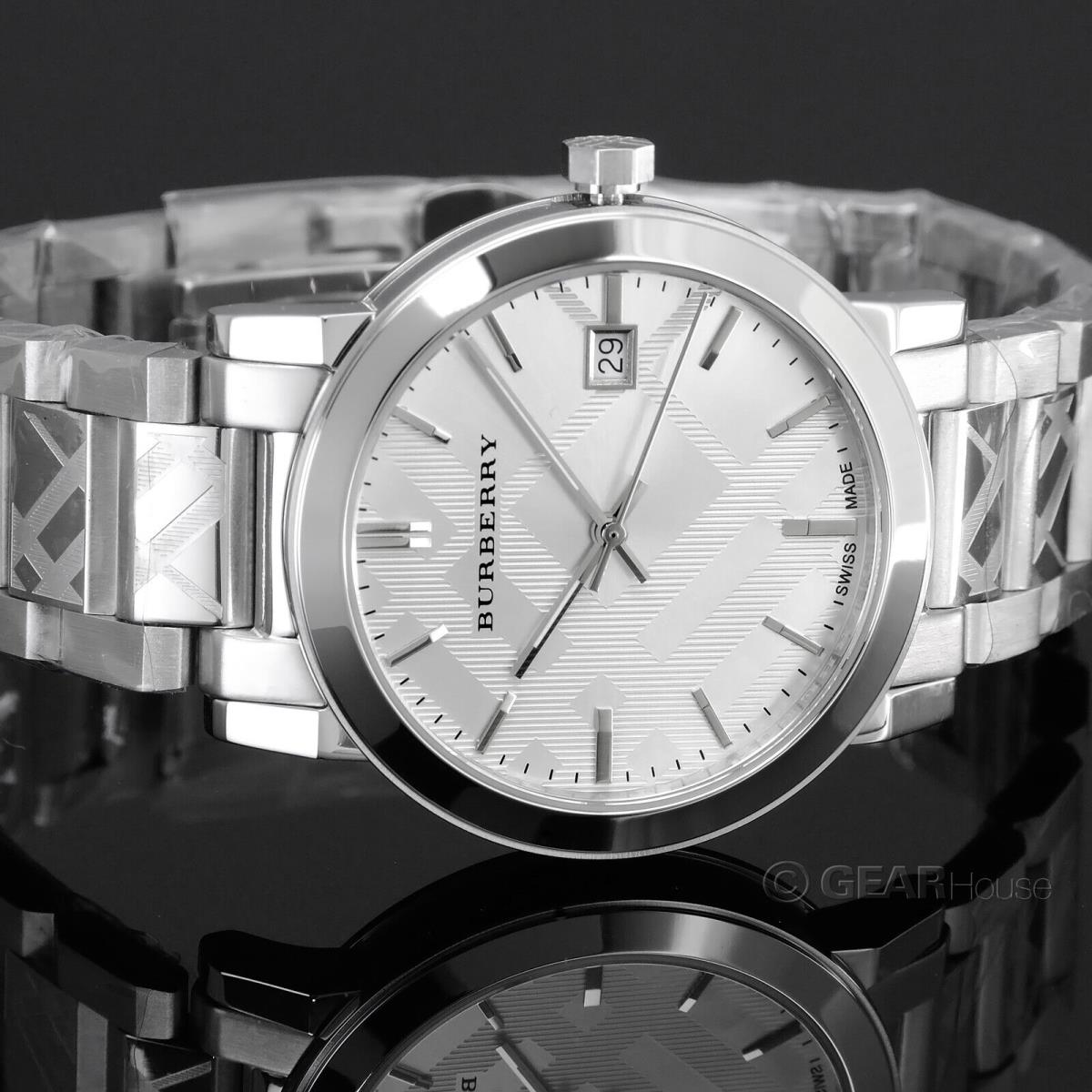 Burberry City Womens 38mm Swiss Watch Silver Dial Etched Check Stainless Steel