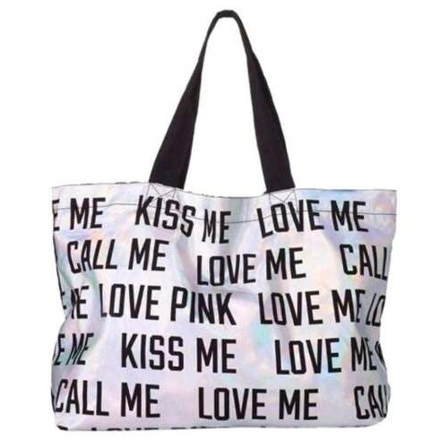 Victorias Secret Pink Holographic Kiss Me Love Me Beach Tote Book Bag