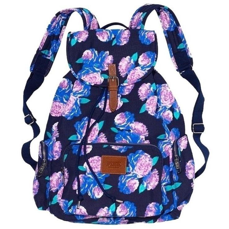 Victoria`s Secret Blue Floral Backpack Hobo Book Bag Pink Floral Backpack
