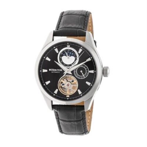 Heritor Sebastian Black Moonphase Dial Black Leather Strap Automatic Men`s Watch