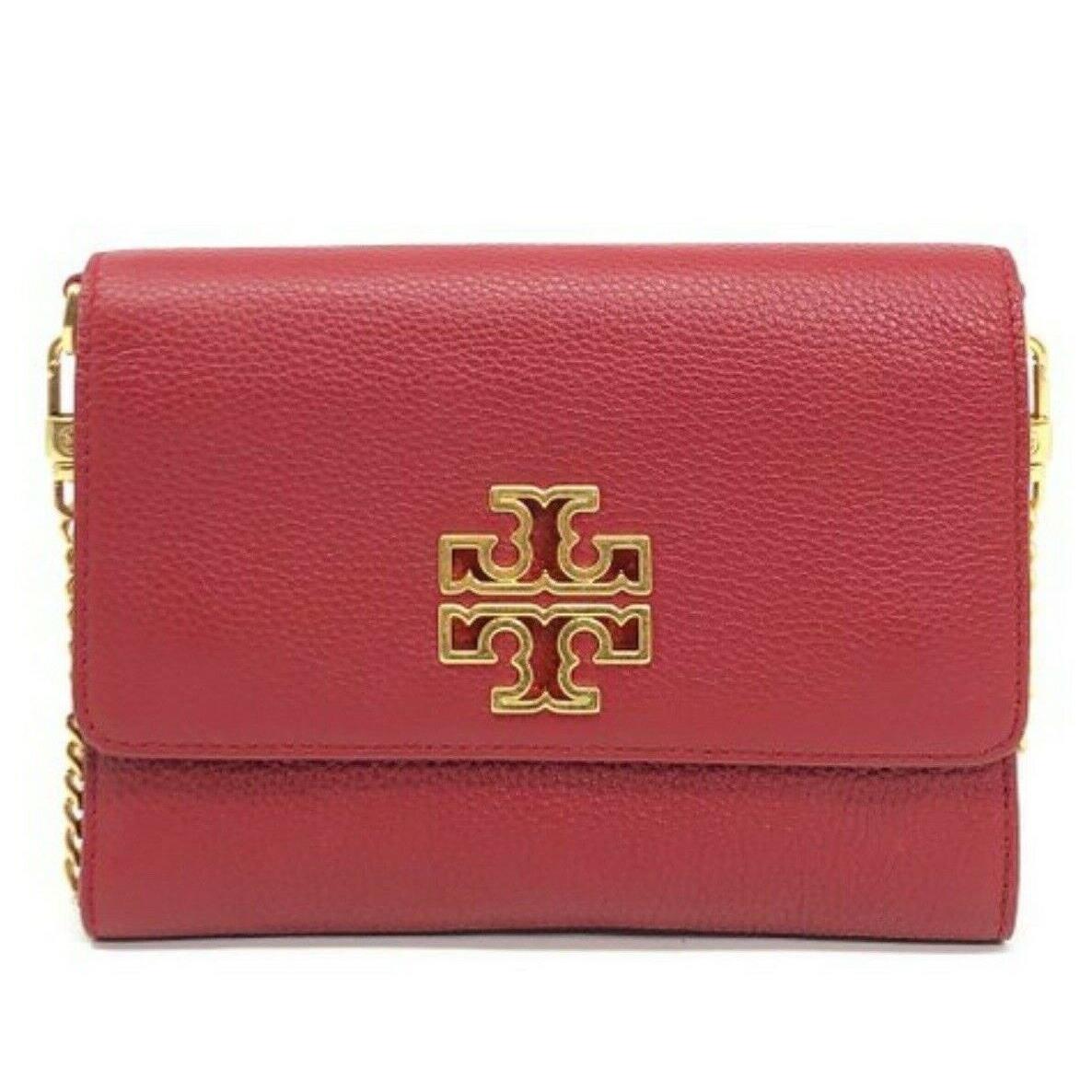 Tory Burch Cross Body Bag Pebbled Leather Britten Chain Wallet Red 8 X6